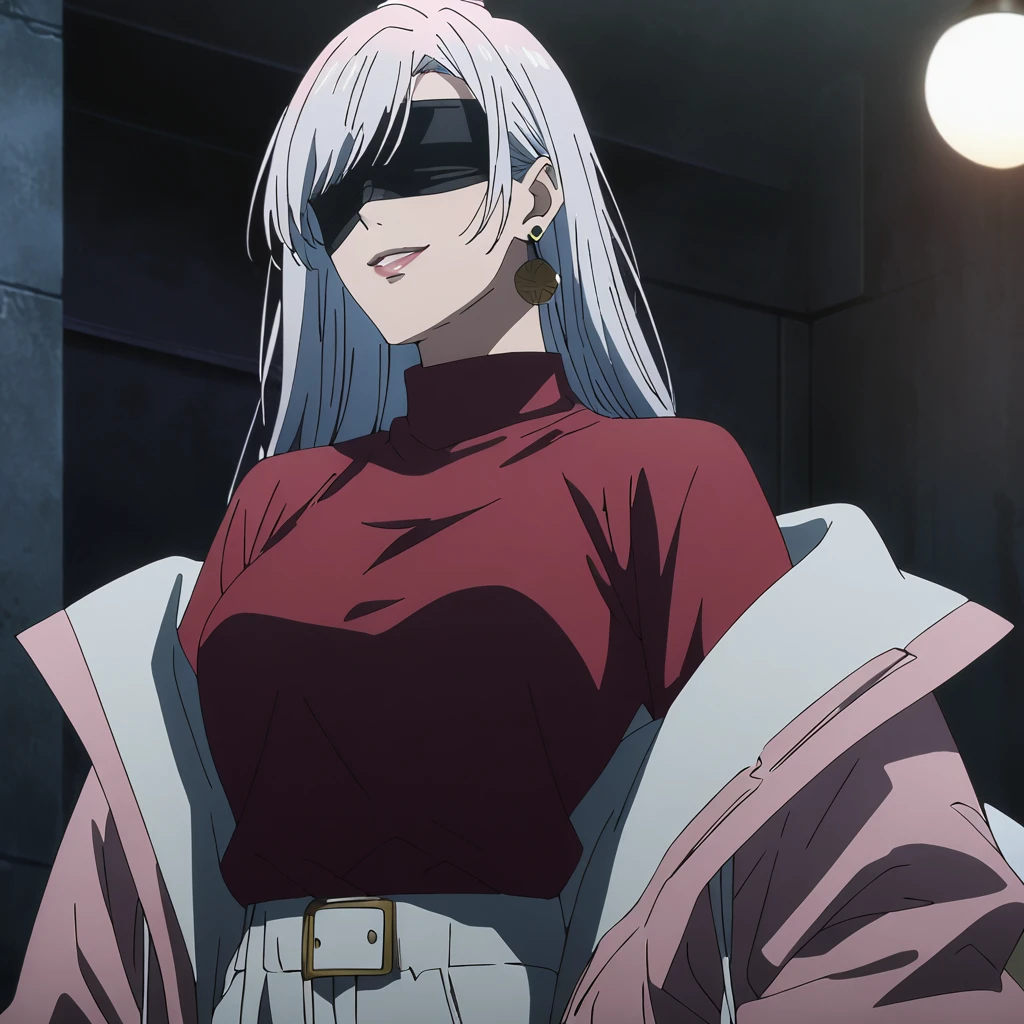 1girl, female gojo satoru, anime screencap from jujutsu kaisen, gojo satoru female version, solo, long_hair, ((wearing black blindfold)) ((White_hair)), night view, (hanging breasts) upper_body, smile, indoors, book, lips, (slightly straight hair) ((wearing pink oversized jacket, red top)) breast, "very detailed and high resolution" (black blindfold) ((solo)) (((front view))) (earings) ((high resolution)) ((good quality)) ((swept bangs))