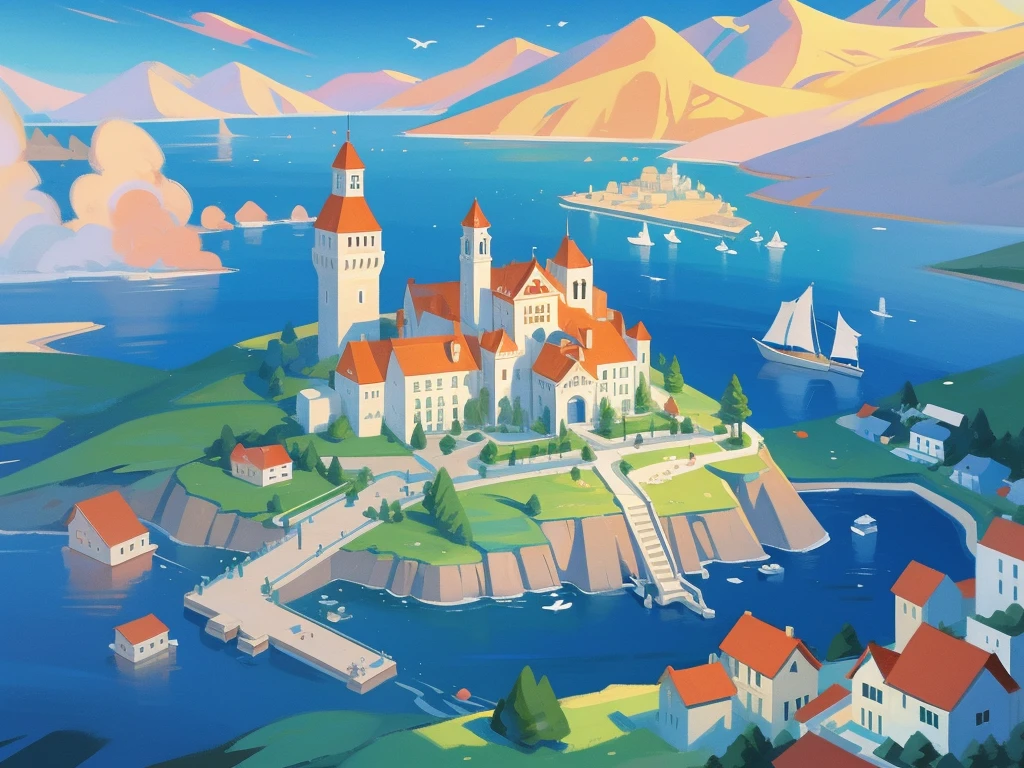 ilustração de livro ilustrado, ilustração de livro de histórias em aquarela, (beira-mar castle), cores pastel vibrantes, sonhar, colorida, Excêntrico, mágico, obra de arte, melhor qualidade, foco nitído, ambiente intrincadamente detalhado, Detalhes finos, Resolução 8K, (oceano), (beira-mar), horizon, A small floating magical medieval island city, top-down view, houses, various important locations, wizard's castle, medieval architecture, luminous details, wizard's tower with magical lights, welcoming asylum, vibrant school, robust bank, lively tavern, military training grounds, bustling market, official mayor's building, discreet brothel, port with docks, blue surrounding water, protective walls, vibrant colors, D&D map, drawn, small island, rpg drawing, fantasy sketch, various buildings, assymetric, round island, Small city, simple drawing, sketch, painting, floating island, flying island, painting, flying city in the style of inkarnate, painted, raw painting, (surrounded by water 1.2)