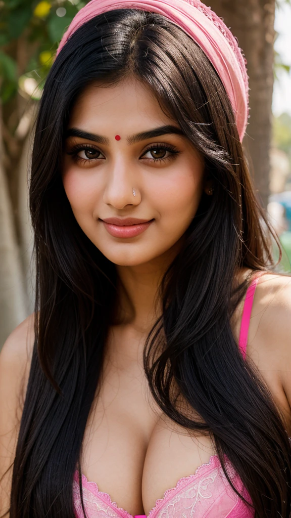 there is Pakistani a woman with big , long straight black hair , realistic face , young and cute girl , 18 years old , attractive girl , cute beautiful , very beautiful girl , 22 years old , 21 years old , with cute - beautiful - face , girl with cute face , Indian , Girl next door innocent look , cute seductive smile , portrait, big breasts with pink bra