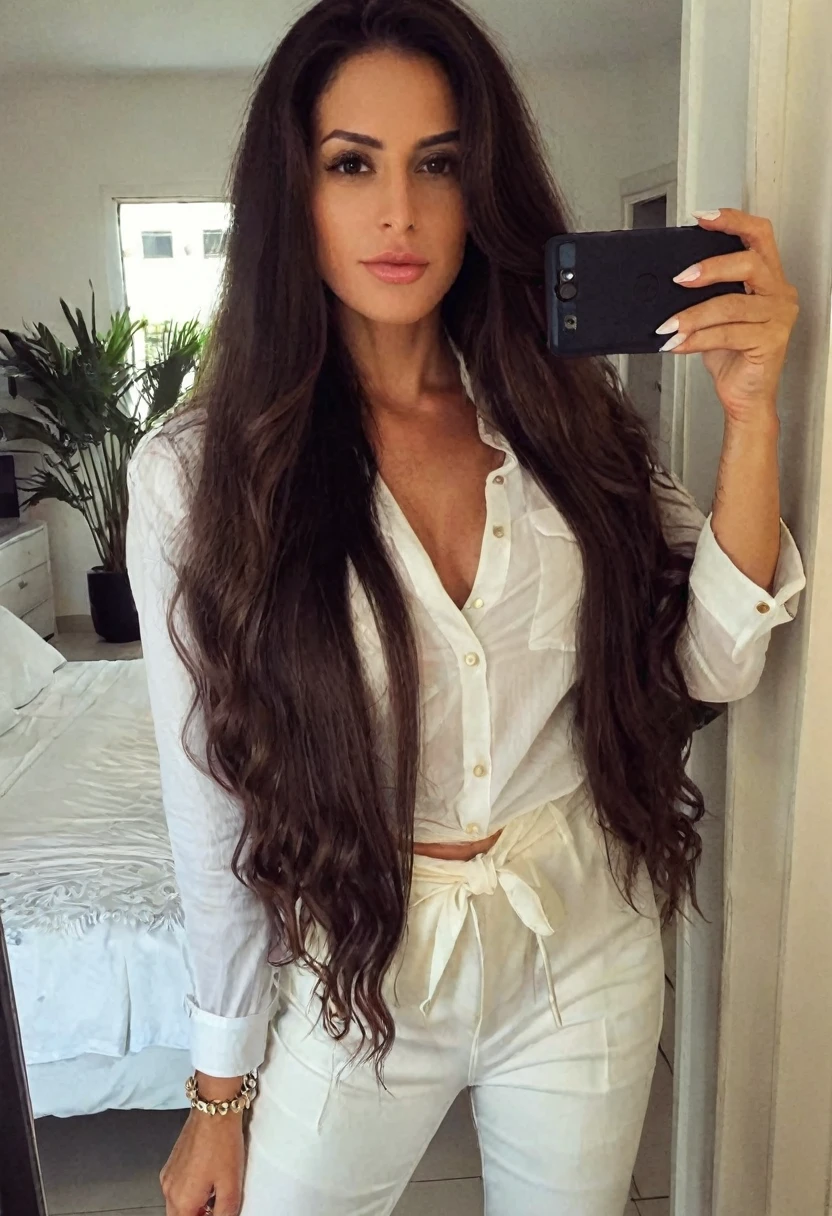 a one woman, long big hair, Brazilian, 30years, extremely powerful and elegant. ((Social clothes)) , (selfie shot)