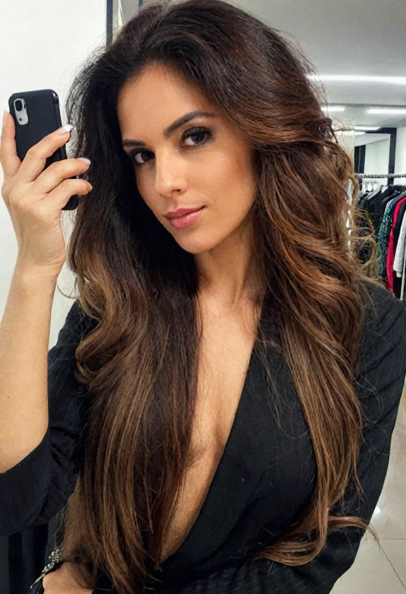 a one woman, long big hair, Brazilian, 30years, extremely powerful and elegant. ((Social clothes)) , (selfie shot)