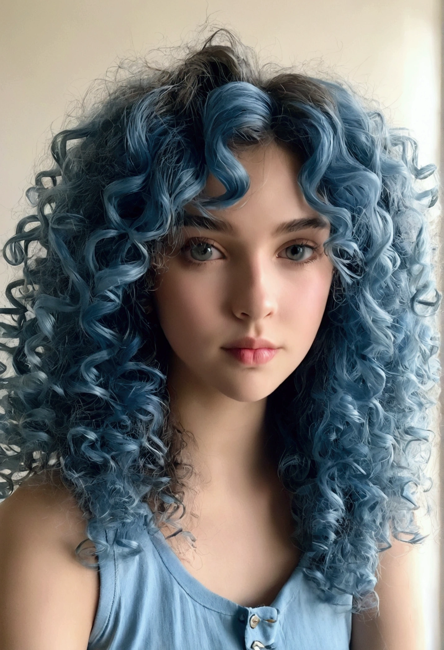 Beautiful 20yr Caucasian,  very puffy curly blue hair,  bl