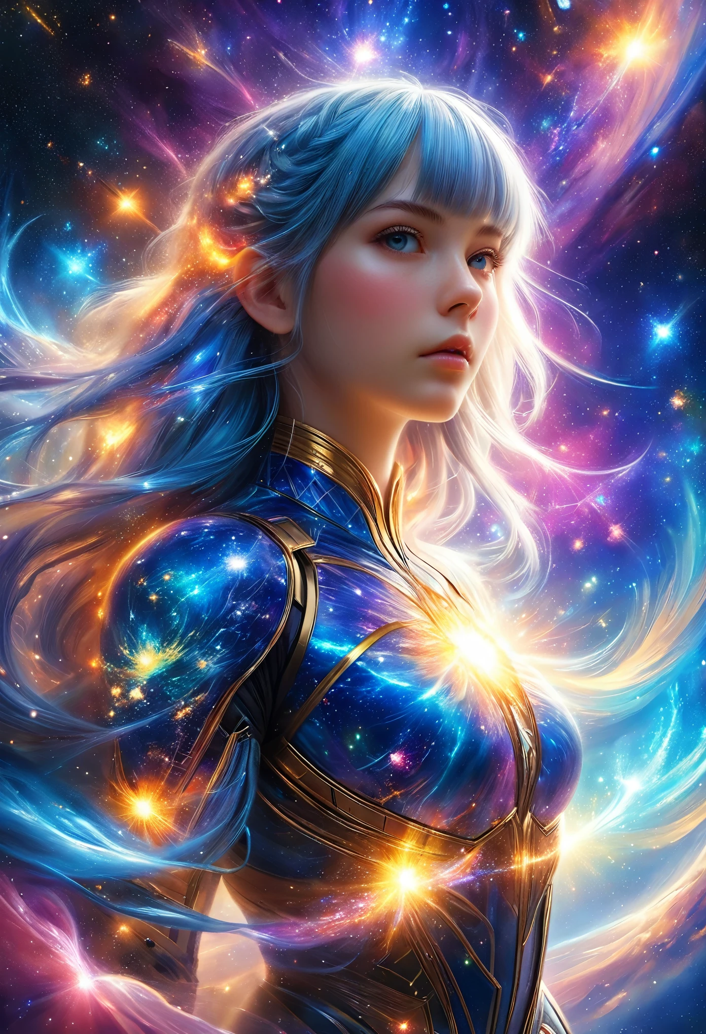 majestic personification of innocence on the form of a white_20 years old gorgeous female, colorful nebula, ancient, full bodyshoot