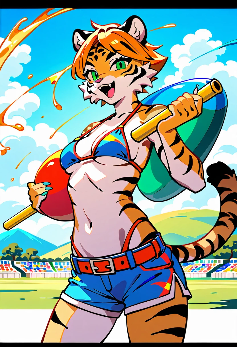 (masterpiece, top-quality, Official art:1.2)Look at viewericro bikini, tiger and girl, Tiger painting}A flash of light runs, Colorful water levitation(2D:1.5),