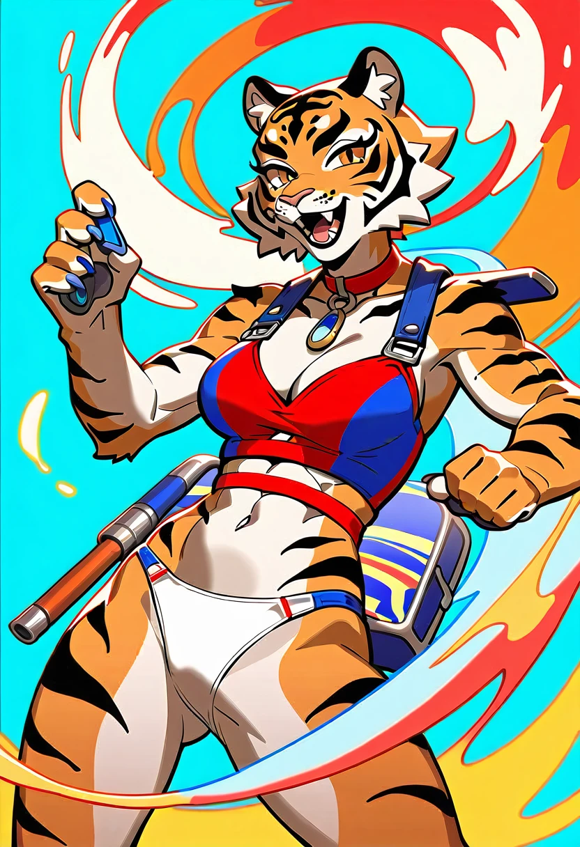 (masterpiece, top-quality, Official art:1.2)Look at viewericro bikini, tiger and girl, Tiger painting}A flash of light runs, Colorful water levitation(2D:1.5),