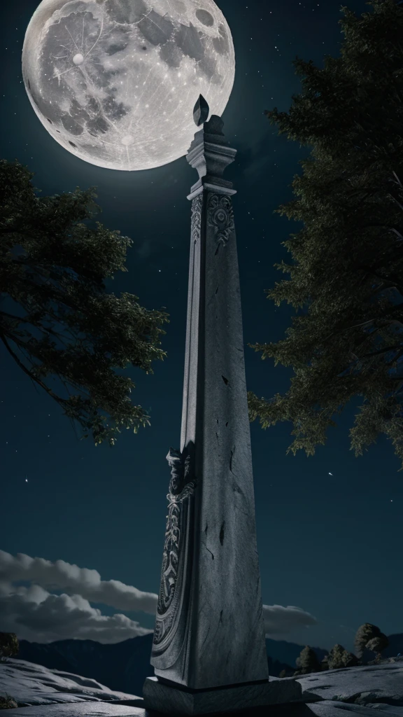 sword carved in stone at night full moon, some trees , 4k high quality
