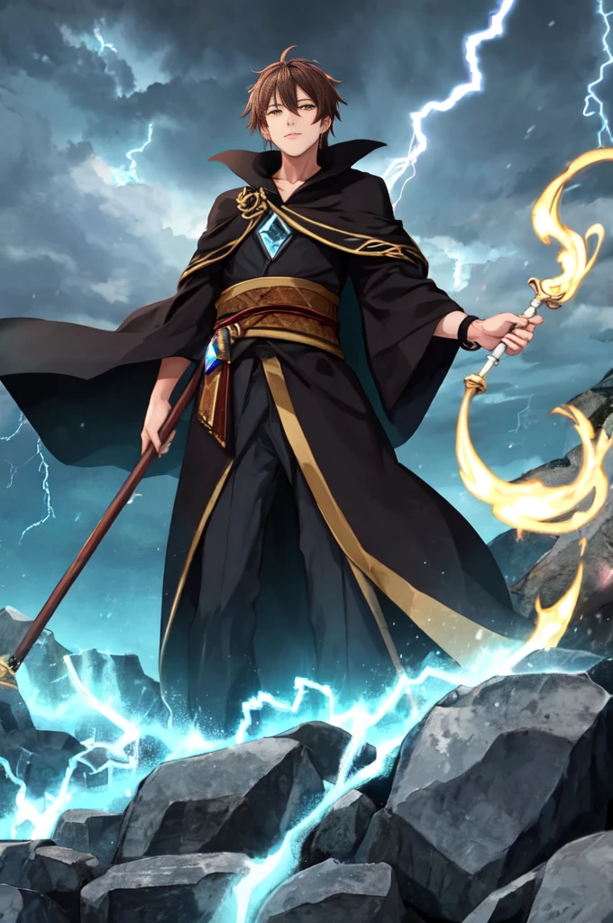 /image magician with black robe leaning with a long brown staff with a blue gem on top in the background there are storms with lightning 