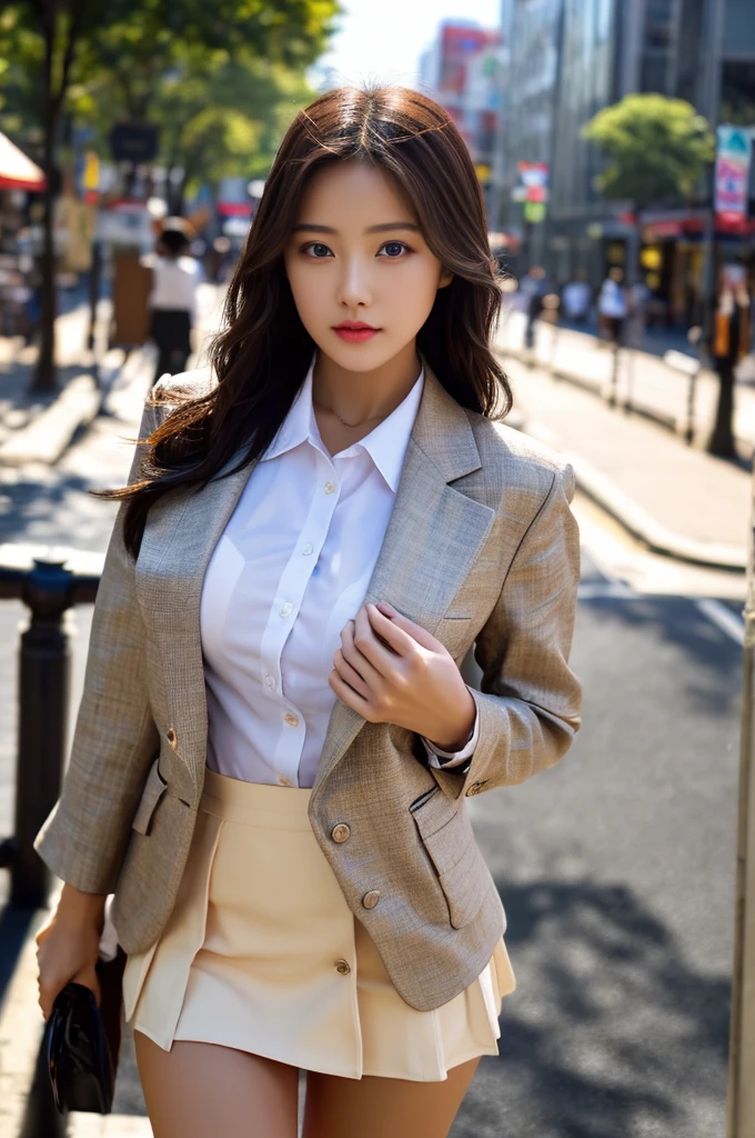 a girl, she is the most beautiful actress in the world, the perfect body proportions of this girl, indirect breast bulger clothed upper body, the blazer is appropriately buttoned up on thrmal shirt above the short skirt that's hardly covering the panties between her bs, her crotch area is seen just 1 cm below the short skirt, it's only one description of one body, it from right above her head to right below her shins are within the space, the front of her body, looking forward to viewer, she is standing, at the city street, nsfw, best quality, highly detailed, masterpiece, ultra high res, photo realistic, 8k, RAW photo