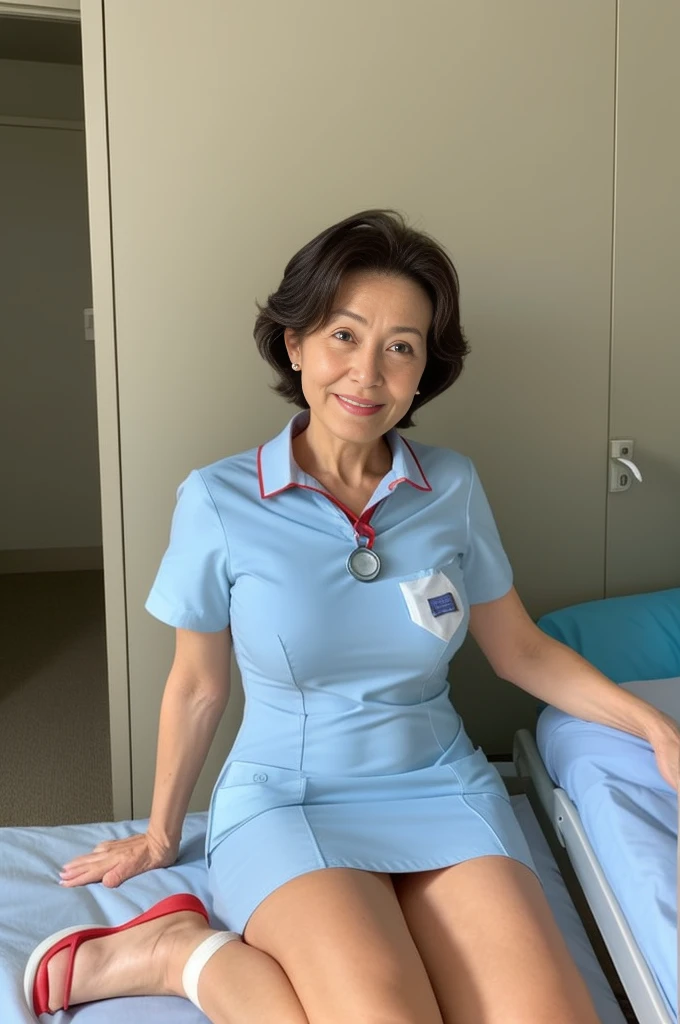 masterpiece, best quality, 16K, hospital, operating room, old woman, interior photo, glad, smiling, (legs spread), (m legs), ((spread pussy)), (squatting), front view, long hair, ponytail, black hair, eyes open, (large breasts:1.41), (wrinkles corners eyes:1.32), (nasolabial:1.32), (old skin:1.32), freckled skin, wrinkles skin, pale skin, (old muscles:1.2), plump, {(nurse), ((breast pocket)), ((collared dress)), ((short dress:1.48)), (LightBlue dress), ((short sleeves)), ((thighs)), (LightBlue headwear), (red tee-back panties), (LightBlue sandals), ((stethoscope))}, undone clothing, beauty mark, 65-year-old, old, elderly, japanese, inside, in the hospital, with a operating table, in the afternoon, real person, ultra realistic photo, nsfw, full body shot, from front, front view