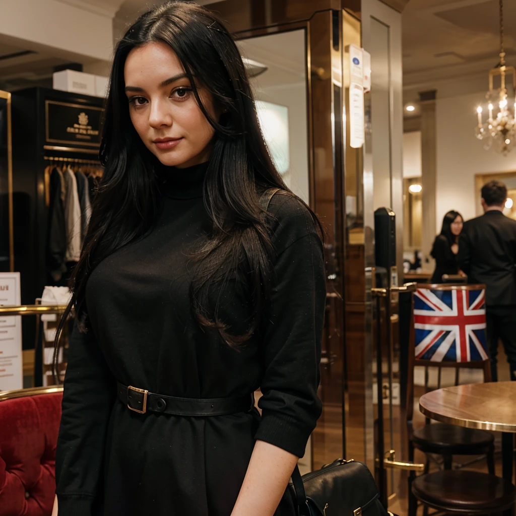 British lady with long black hair in London