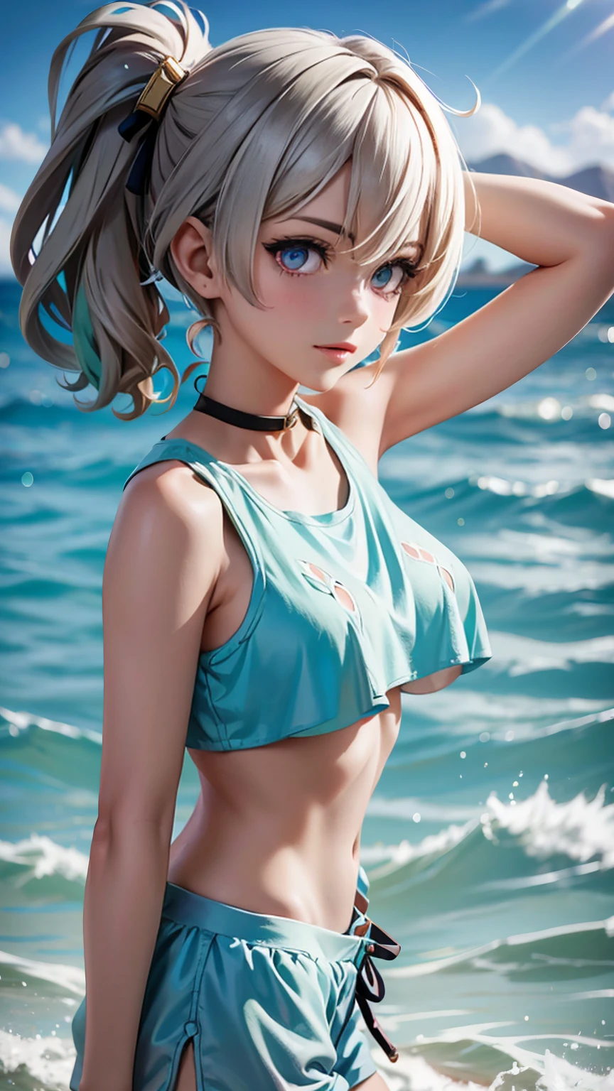 animated cartoon、Blonde girl with red eyes、独奏、Bikini with ruffles、gravure、Soio、sea side