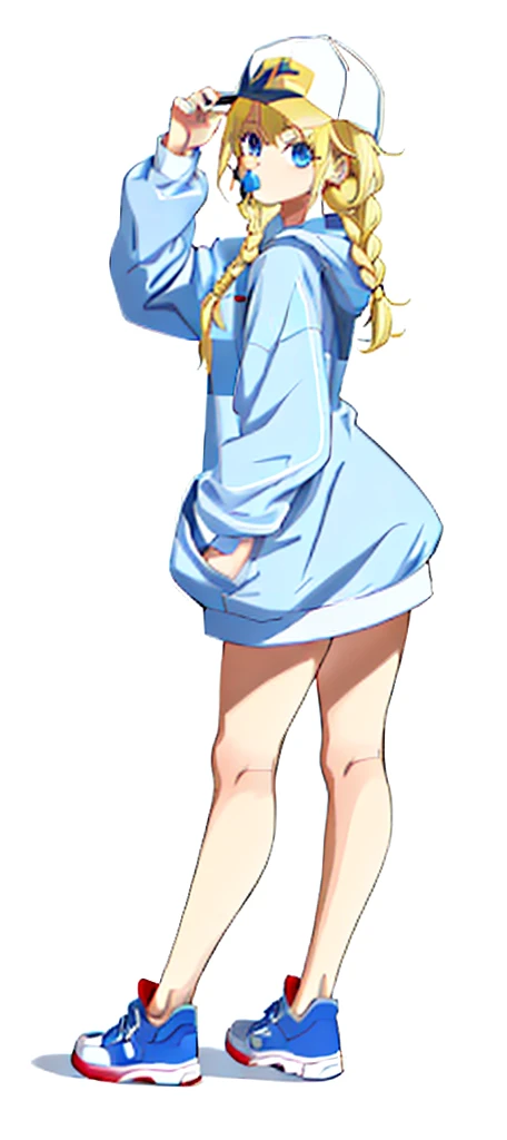 the lady is wearing a hooded sweater standing with one foot on a step, 1girl, solo, chewing gum, blonde hair, blue eyes, hat, hand in pocket, braid, bubble blowing, white background, full body, long hair, multicolored clothes, simple background, shoes, looking at viewer, baseball cap, twin braids,Eiko Tsukimi, blue eyes, braid, twin braid, (((blonde hair))), long hair, baseball cap
