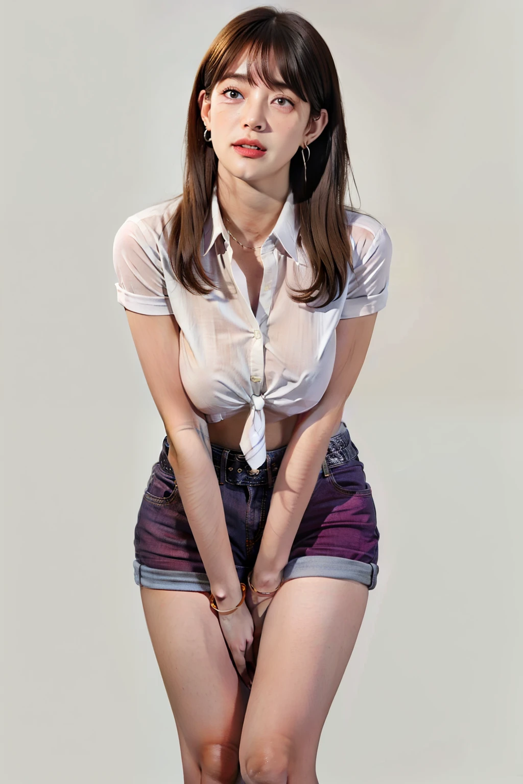 (photo realist: 1.2), (hiper realist: 1.2), (realistic: 1.2), (smoother lighting: 1.2), (Improve the quality of movie lighting: 1.2), (RAW photo:1.2), (better quality:1.2), (beauty:1.2), (masterpiece:1.2), (Physically based rendering:1.2), (ultra high resolution:1.2), (best quality:1.2),(full body:1.2),(connie:1.2),(midriff:1.2),(long hair:1.2),(white hair band:1.2),(sexy:1.2),(cute:1.2),(tied shirt:1.2),(belt:1.2),(large breast:1.2),(button earrings:1.2),(simple background:1.2),(sweat:1.2),(HAVE TO PEE:1.2),(COVERING CROTCH:1.2),(KNEES TOGETHER FEET APART:1.2),(((red shorts:1.2,scared:1.2,panicking:1.2,constricted pupils:1.2,screaming:1.2,wide-eyed:1.2,crying:1.2,tears:1.2,blush:1.2,CROTCHANGLE:1.2,HEAD OUT OF FRAME:1.2,LOWER BODY:1.2,HANDS BETWEEN LEGS:1.2,CROTCH APARTS:1.2, CROTCH FOCUS:1.2))),