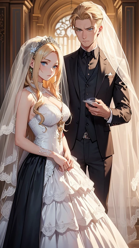 ((Best Quality)), ((Masterpiece)), (detailed)) A beautiful woman with blonde hair, blue eyes, serious countenance, dressed in a beautiful wedding dress, a beautiful wedding veil covers her face, Next to him is a slightly muscular man, Brown hair, green eyes, dressed in a black suit, serious look