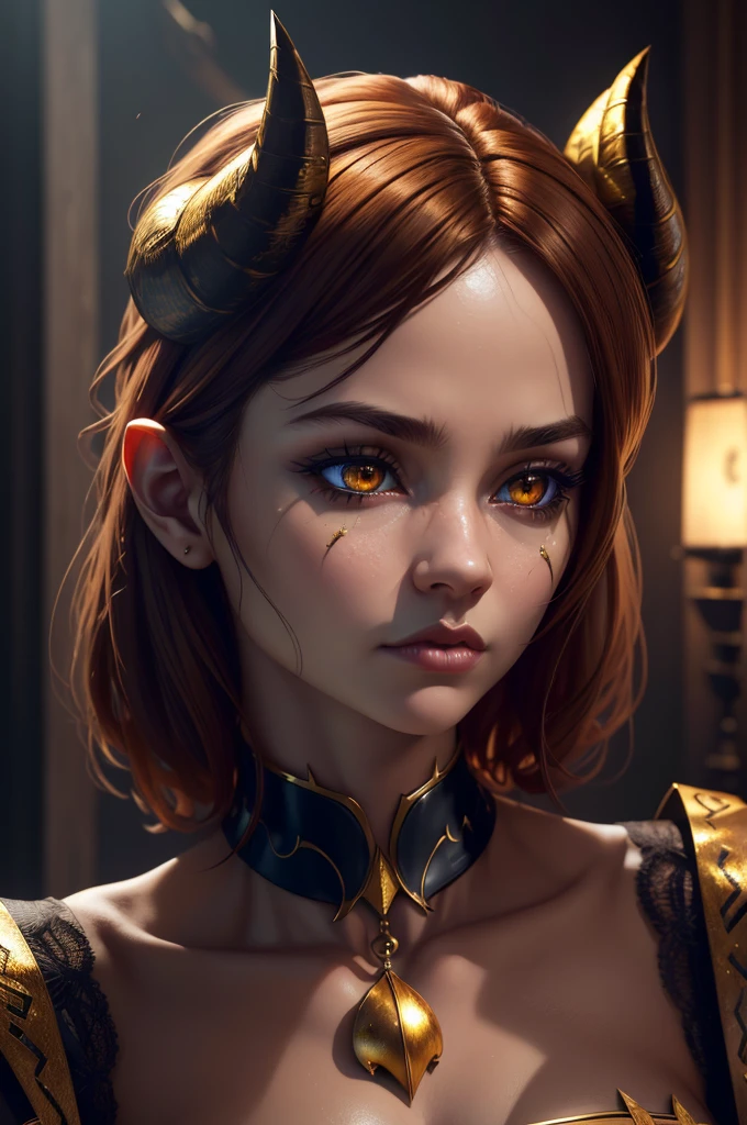 a light skinned woman with a semi round face, golden eyes,golden eyes,golden eyes,golden eyes,golden eyes,golden eyes,golden eyes,golden eyes,golden eyes, broken demon wings, demon tail, horns, brown hair, wearing a cute pink gothic dress, (best quality,4k,8k,highres,masterpiece:1.2),ultra-detailed,(realistic,photorealistic,photo-realistic:1.37),fantasy,horror,dark fantasy,digital art, intricate details,highly detailed,dramatic lighting,cinematic,moody atmosphere,rich textures
