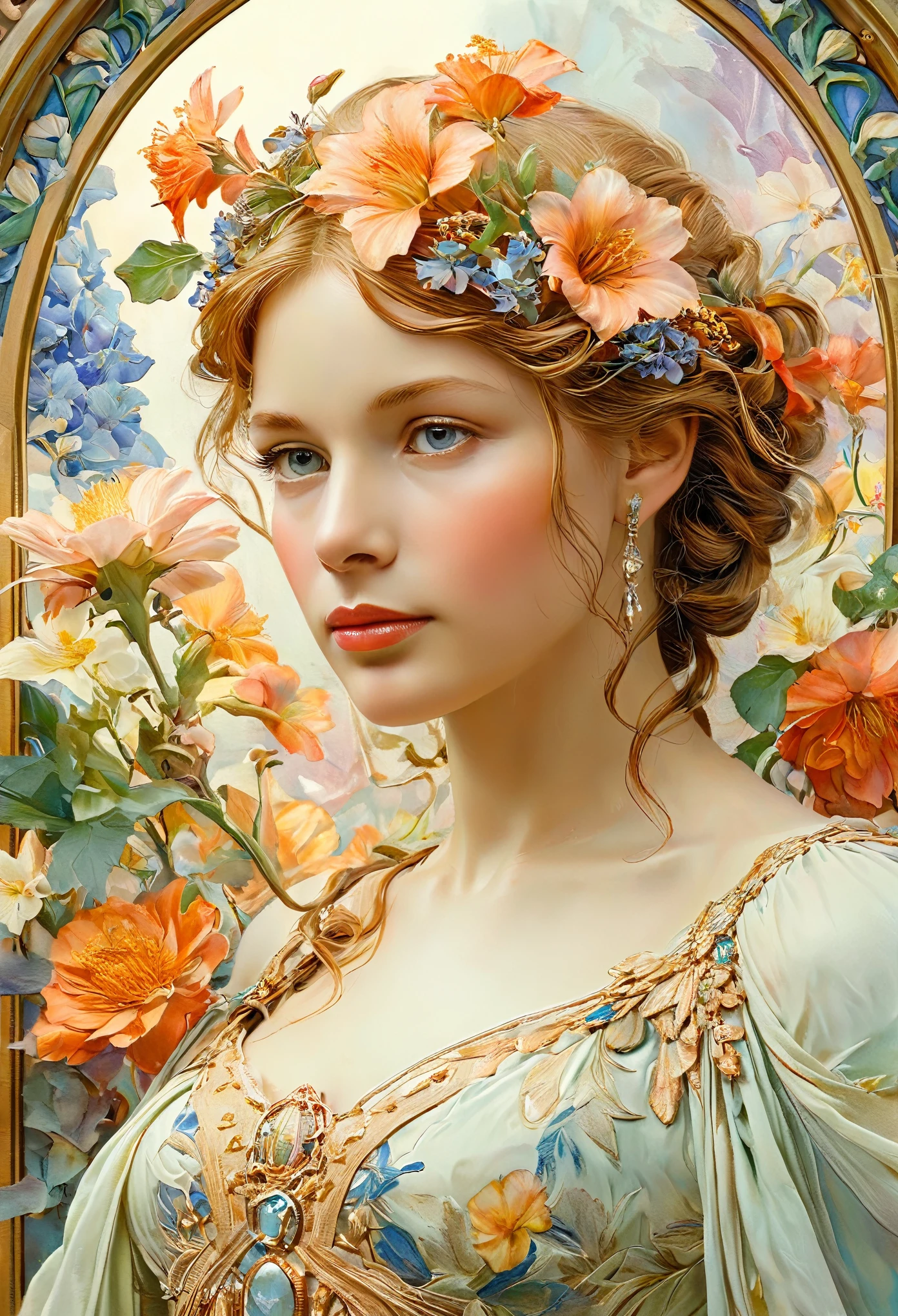 A painting of a woman with flowers in her hair - SeaArt AI