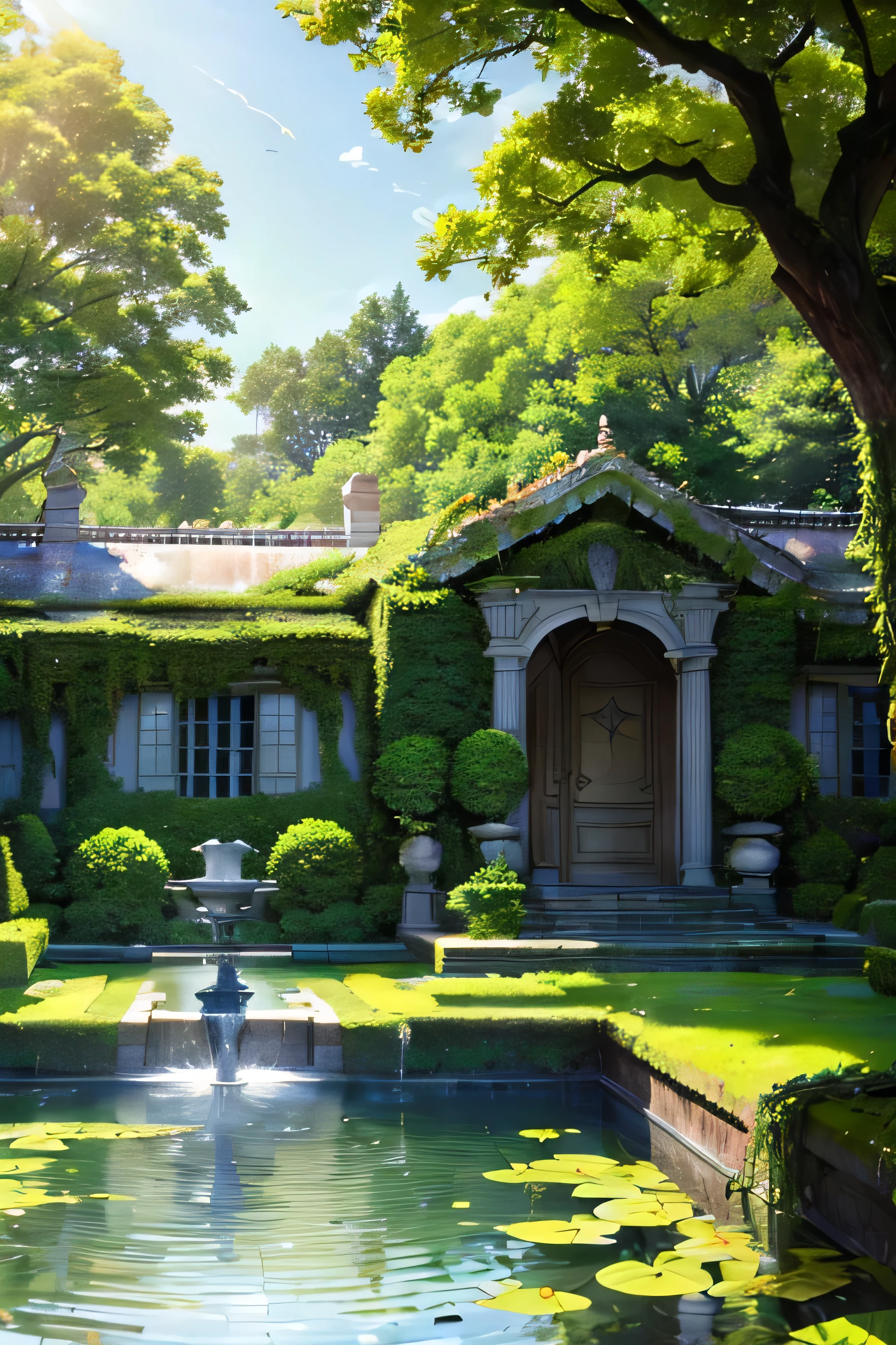 (masterpiece:1.2),(ultra-detailed:1.2), (perfect-composition:1.2), 8K, (photographical skin:1.2), (shiny skin:1.2), garden, fountain, house, overgrown by nature with vines and moss, sunlight, cars in front house