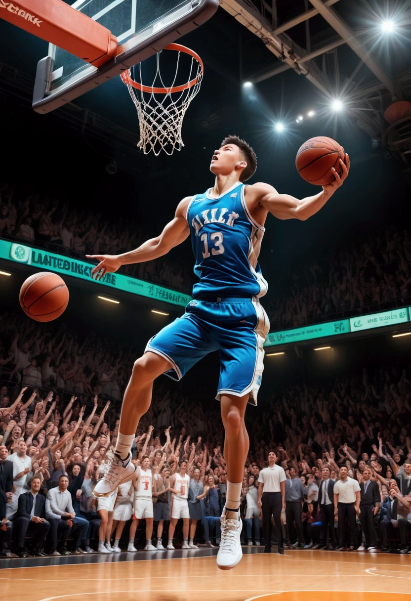 1boy, Game-Winning Dunk, a basketball player jumping high, performing a spectacular slam dunk, intense action pose, muscular male body, dynamic movement, basketball court, crowd cheering, dramatic lighting, cinematic composition, 8k, (4k,highres:1.2), ultra-detailed, studio lighting, extreme detail description, professional, vivid colors, masterpiece, best quality, very aesthetic, absurdres