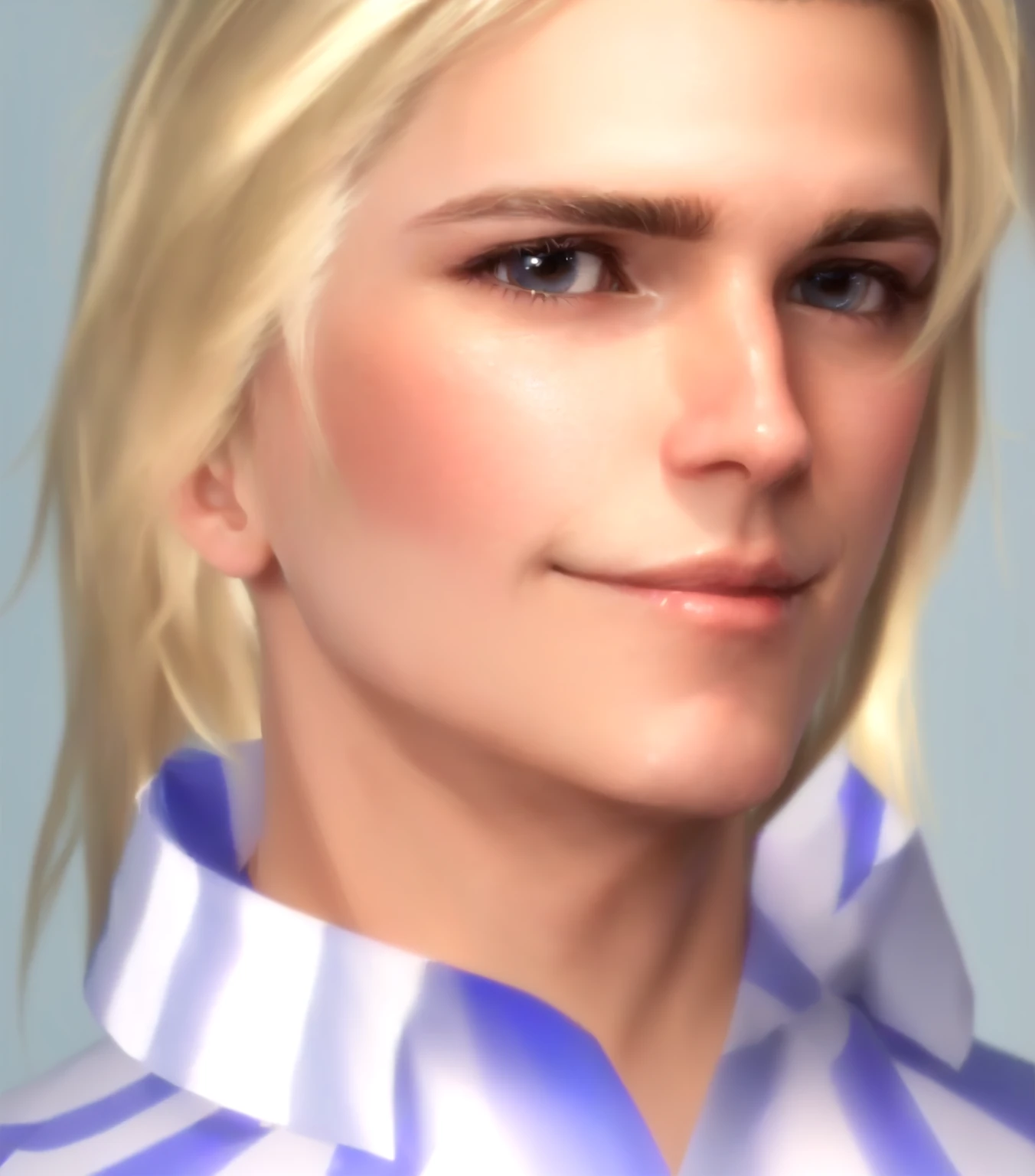 (a german MAN), he's European, blonde hair, brown eyes, (eyes turned to look at the camera), swedish, as a character in Out Run 2, of SEGA, 3D CG from the 2000s, Wolf, 2k, 2 k, (( happy curious face)), realistic, render of rich young man, elegant shirt. fighting game character, tadzio, bright clean face, from devil may cry, cunning wide open eyes, smirk, he knows he's the best