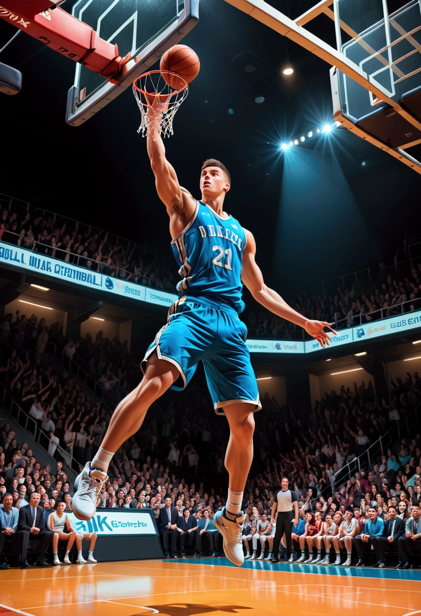 1boy, Game-Winning Dunk, a basketball player jumping high, performing a spectacular slam dunk, intense action pose, muscular male body, dynamic movement, basketball court, crowd cheering, dramatic lighting, cinematic composition, 8k, (4k,highres:1.2), ultra-detailed, studio lighting, extreme detail description, professional, vivid colors, masterpiece, best quality, very aesthetic, absurdres