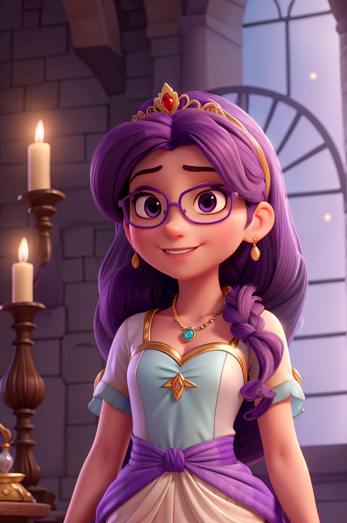 Princess Jasmine with glasses dressed in purple with gray wings of Prince Flin 