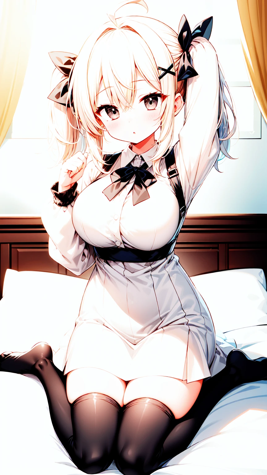 best lighting, absurdres, masterpiece, best quality, ultra-detailed illustration, absurdres high detailed face, medium breast, long blonde hair, maid costume, apron, maid apron, maid headdress, short dress, detailed blue eyes, twintail, indoors, window, shy, blush, cute,  BREAK (bare breasts:1.7), (off shoulder :1.3),(small breasts), (cum on clothes:1.3),( vaginal , sex:1.5),( gangbang:1.6), (cum in pussy:1.3), on back, lying on the bed, looking at viewer,, pussy, pillow, uncensored, back arms, pov, spread legs, bangs, solo focus 