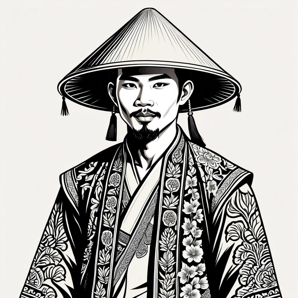man in vietnam folk outfit, vector graphics, strong contours
