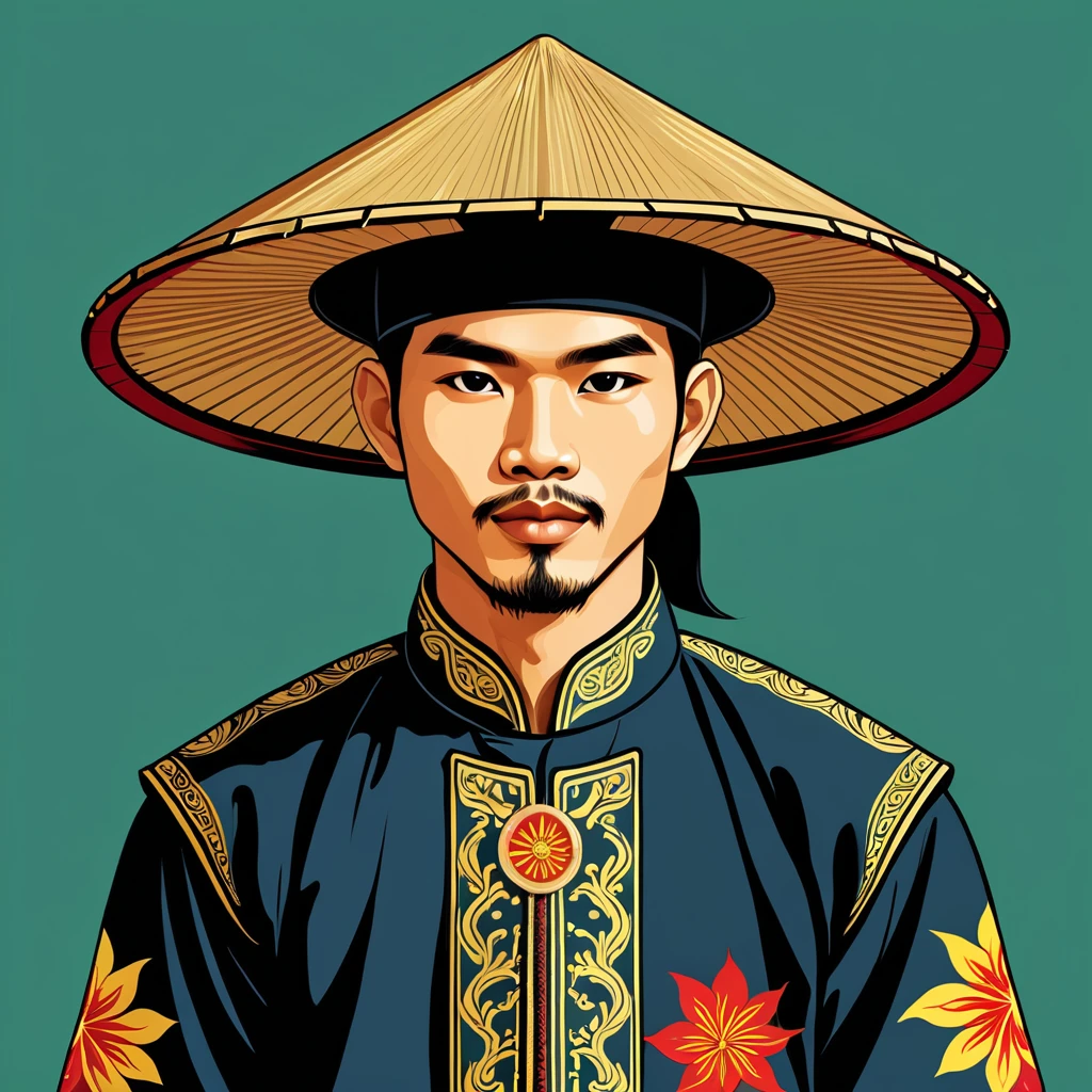 man in vietnam folk outfit, vector graphics, strong contours