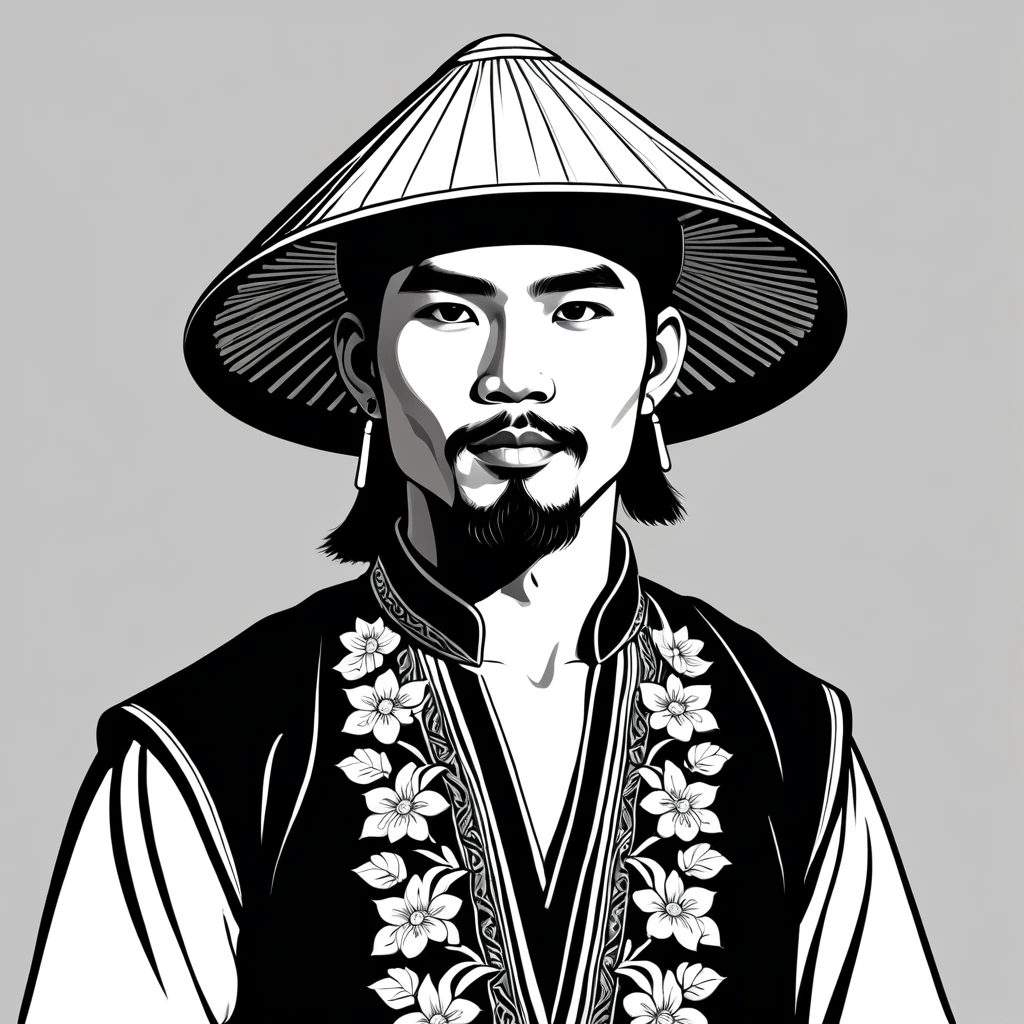 man in vietnam folk outfit, vector graphics, strong contours
