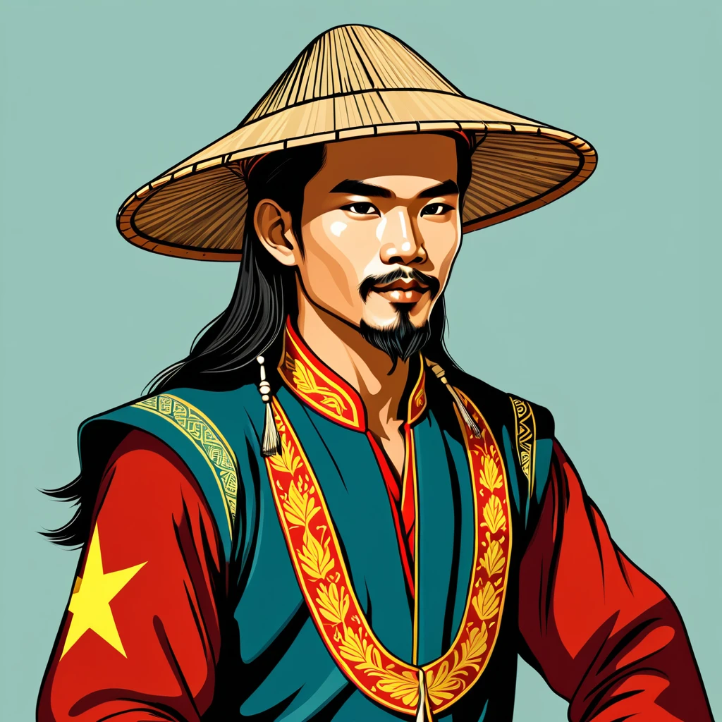 man in vietnam folk outfit, vector graphics, strong contours