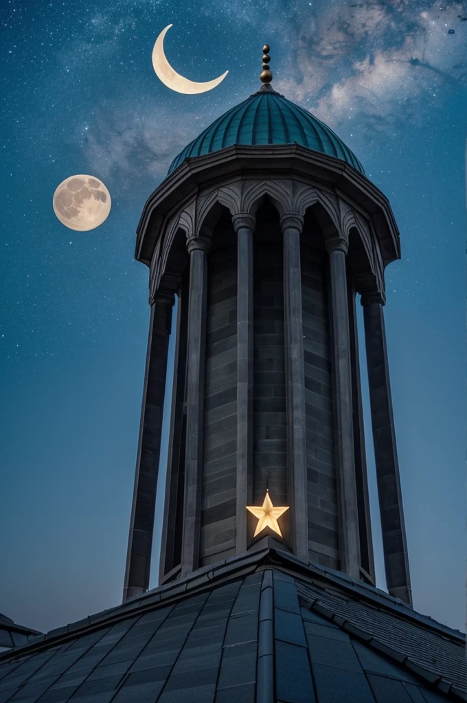 Create a picture where right at the top you can see a moon with a star, underneath it is like a roof of a mosque and underneath it is big there is IKZ and IKZ is on two lines that go up as well as wings and underneath again
