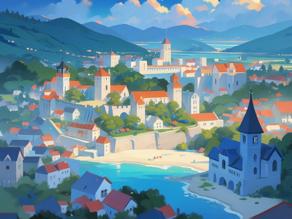 ilustração de livro ilustrado, ilustração de livro de histórias em aquarela, (beira-mar castle), cores pastel vibrantes, sonhar, colorida, Excêntrico, mágico, obra de arte, melhor qualidade, foco nitído, ambiente intrincadamente detalhado, Detalhes finos, Resolução 8K, (oceano), (beira-mar), horizon, A small floating magical medieval island city, top-down view, houses, (various important locations 1.3), (every house is different 1.2), wizard's castle, medieval architecture, luminous details, wizard's tower with magical lights, welcoming asylum, vibrant school, robust bank, lively tavern, military training grounds, bustling market, official mayor's building, discreet brothel, port with docks, blue surrounding water, protective walls, vibrant colors, D&D map, drawn, small island, rpg drawing, fantasy sketch, various buildings, assymetric, round island, Small city, simple drawing, sketch, painting, floating island, flying island, painting, flying city in the style of inkarnate, painted, raw painting, (surrounded by water 1.2)