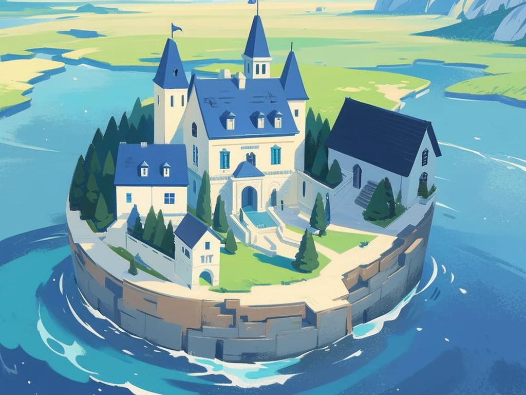 ilustração de livro ilustrado, ilustração de livro de histórias em aquarela, (beira-mar castle), cores pastel vibrantes, sonhar, colorida, Excêntrico, mágico, obra de arte, melhor qualidade, foco nitído, ambiente intrincadamente detalhado, Detalhes finos, Resolução 8K, (oceano), (beira-mar), horizon, A small floating magical medieval island city, top-down view, houses, (various important locations 1.3), (every house is different 1.2), wizard's castle, medieval architecture, luminous details, wizard's tower with magical lights, welcoming asylum, vibrant school, robust bank, lively tavern, military training grounds, bustling market, official mayor's building, discreet brothel, port with docks, blue surrounding water, protective walls, vibrant colors, D&D map, drawn, small island, rpg drawing, fantasy sketch, various buildings, assymetric, round island, Small city, simple drawing, sketch, painting, floating island, flying island, painting, flying city in the style of inkarnate, painted, raw painting, (surrounded by water 1.2)