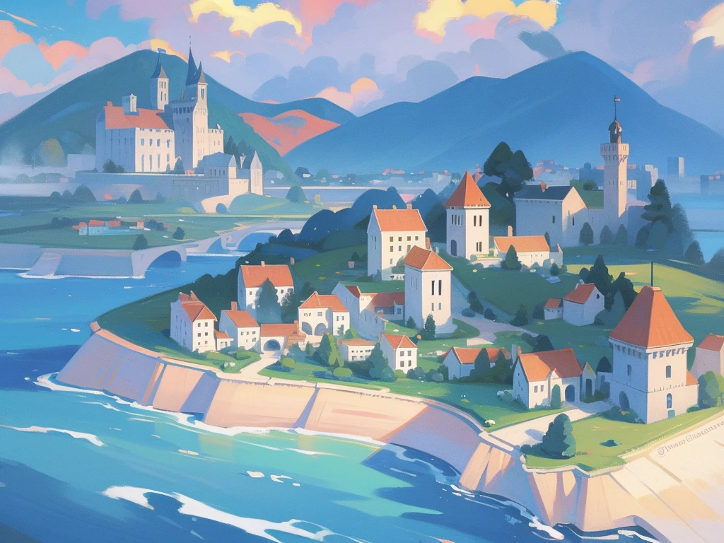 ilustração de livro ilustrado, ilustração de livro de histórias em aquarela, (beira-mar castle), cores pastel vibrantes, sonhar, colorida, Excêntrico, mágico, obra de arte, melhor qualidade, foco nitído, ambiente intrincadamente detalhado, Detalhes finos, Resolução 8K, (oceano), (beira-mar), horizon, A small floating magical medieval island city, top-down view, houses, (various important locations 1.3), (every house is different 1.2), wizard's castle, medieval architecture, luminous details, wizard's tower with magical lights, welcoming asylum, vibrant school, robust bank, lively tavern, military training grounds, bustling market, official mayor's building, discreet brothel, port with docks, blue surrounding water, protective walls, vibrant colors, D&D map, drawn, small island, rpg drawing, fantasy sketch, various buildings, assymetric, round island, Small city, simple drawing, sketch, painting, floating island, flying island, painting, flying city in the style of inkarnate, painted, raw painting, (surrounded by water 1.2)