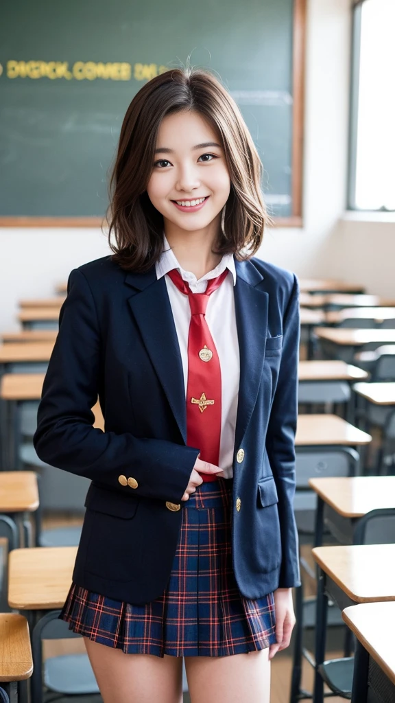 Beautiful girl standing in the school classroom uniform with red tie Dark blue closed blazer Blue plaid miniskirt. 18 years old. Short brown hair with waves on the side. The best smile I see your beautiful thighs, knees, random poses, beautiful girl, slim girl. I&#39;m sitting with my legs spread open on the table in the classroom. My skin is beautiful, wearing cute sneakers. Natural makeup