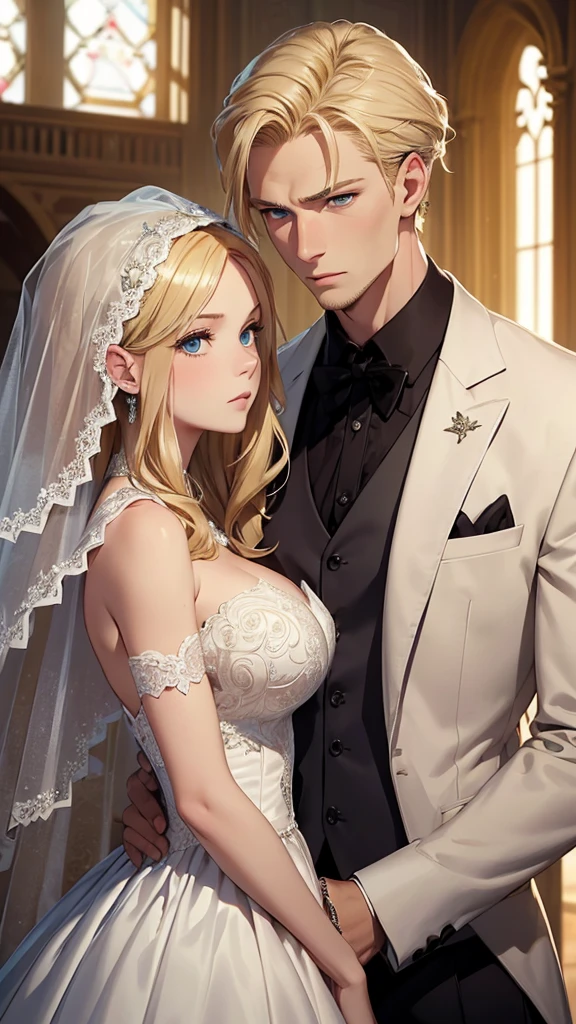 ((Best Quality)), ((Masterpiece)), (detailed)) A beautiful woman with blonde hair, blue eyes, serious countenance, dressed in a beautiful wedding dress, a beautiful wedding veil covers her face, Next to him is a slightly muscular man, Brown hair, green eyes, dressed in a black suit, serious look
