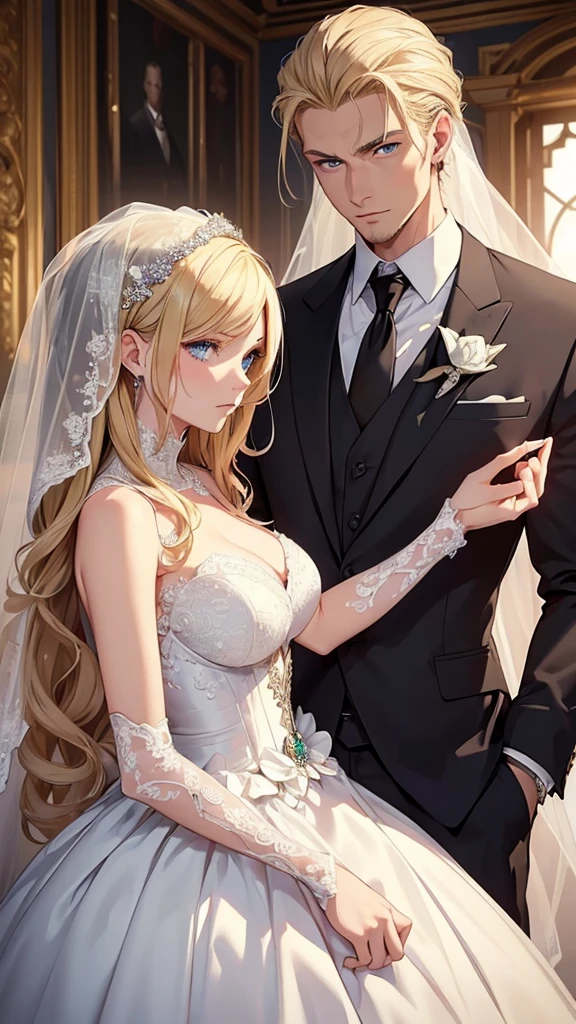 ((Best Quality)), ((Masterpiece)), (detailed)) A beautiful woman with blonde hair, blue eyes, serious countenance, dressed in a beautiful wedding dress, a beautiful wedding veil covers her face, Next to him is a slightly muscular man, Brown hair, green eyes, dressed in a black suit, serious look
