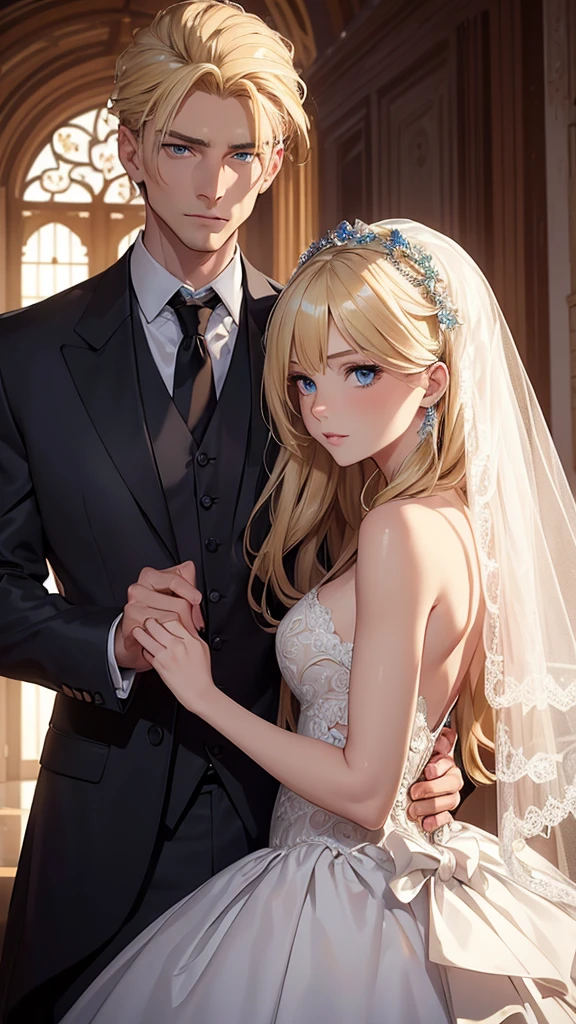 ((Best Quality)), ((Masterpiece)), (detailed)) A beautiful woman with blonde hair, blue eyes, serious countenance, dressed in a beautiful wedding dress, a beautiful wedding veil covers her face, Next to him is a slightly muscular man, Brown hair, green eyes, dressed in a black suit, serious look