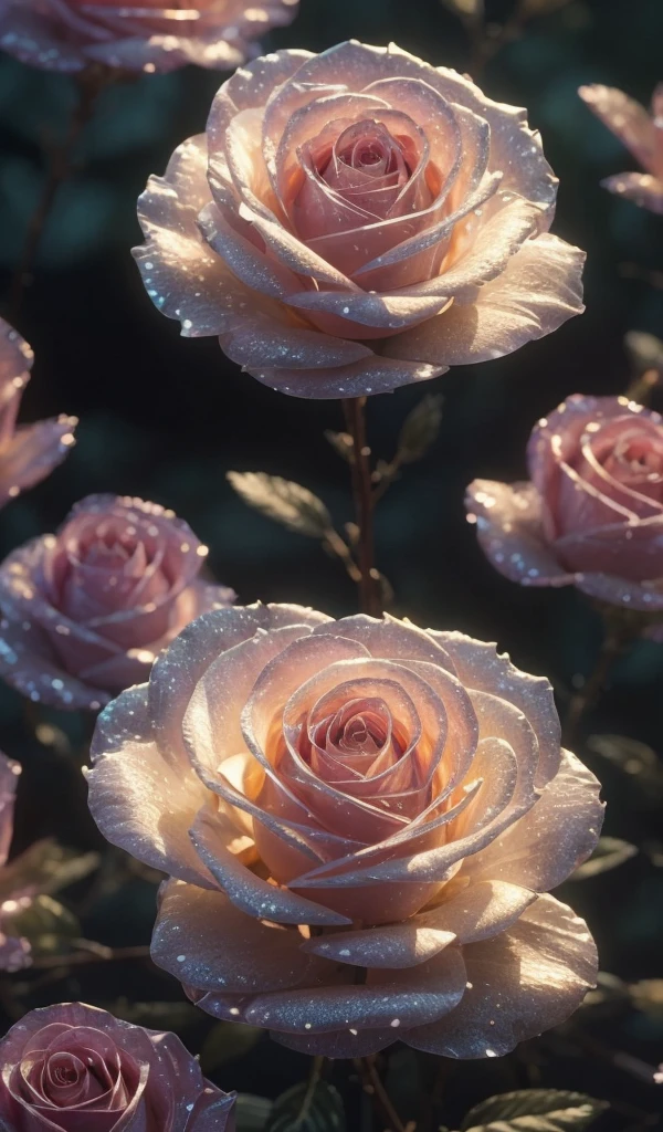 Crystal Rose,transparent rose. Bizarre, galaxies, cleanliness, brilliant, brilliant, magnificence, Colorful, Amazing photo, dramatic lighting, Photorealism, ultra - detailed, 4K, depth of field, a high resolution e "An ethereal white butterfly, resting gracefully on a petal of a lavender flower, surrounded by soft mist and illuminated by the golden light of dawn."
