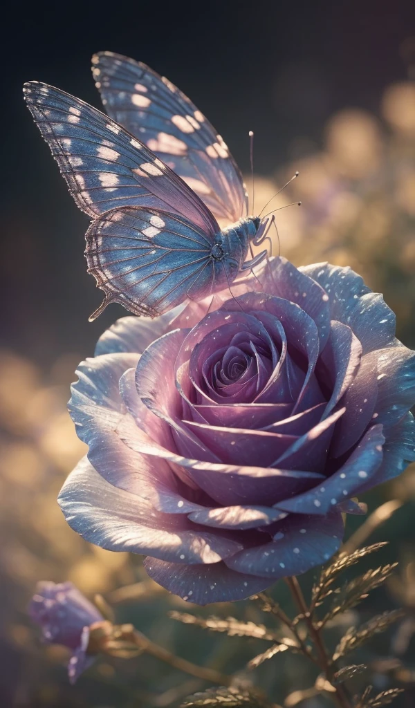 Crystal Rose，transparent rose. Bizarre, galaxies, cleanliness, brilliant, brilliant, magnificence, Colorful, Amazing photo, dramatic lighting, Photorealism, ultra - detailed, 4K, depth of field, a high resolution e "An ethereal white butterfly, resting gracefully on a petal of a lavender flower, surrounded by soft mist and illuminated by the golden light of dawn."
