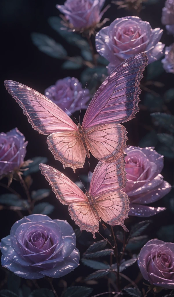 Crystal Rose,transparent rose. Bizarre, galaxies, cleanliness, brilliant, brilliant, magnificence, Colorful, Amazing photo, dramatic lighting, Photorealism, ultra - detailed, 4K, depth of field, a high resolution e "An ethereal white butterfly, resting gracefully on a petal of a lavender flower, surrounded by soft mist and illuminated by the golden light of dawn."