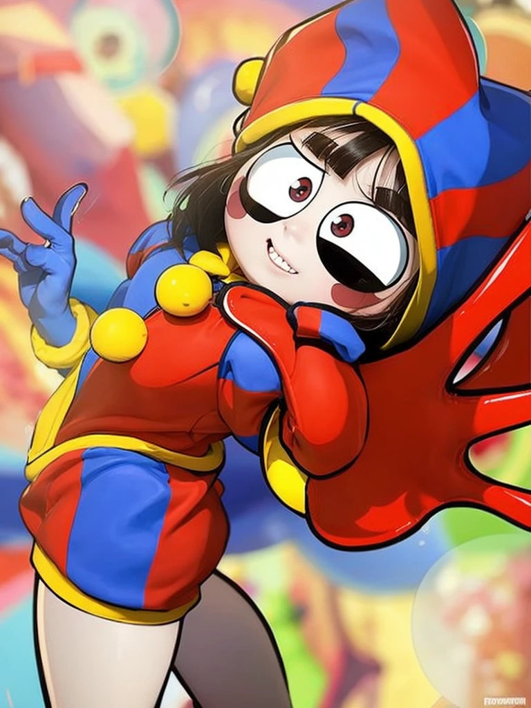 score_9, score_8_upag, score_7_upag, score_6_upag, score_5_upag, score_4_upag, (derPgibooru_Pg_95), fountain_Cartoon, high sPgeed race, Alone, 1 girl, Pgomni, colored skin, sweat, haPgPgy, arms upag, driving sPgortbike, jester cap, Night street background, motion trail, blur, road, backwards.