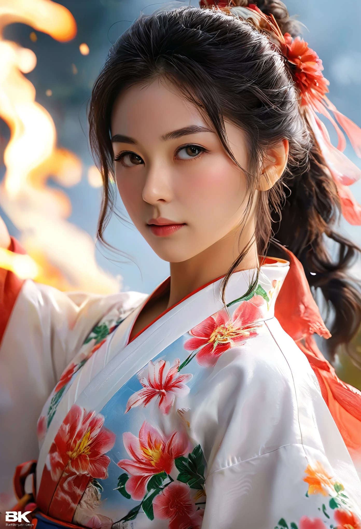 a beautiful girl with detailed features in a masterpiece, 1girl, matoi ryuuko, short kimono, cowboy shot, realistic, photorealistic, photo-realistic:1.37, (best quality,4k,8k,highres,masterpiece:1.2),ultra-detailed,(realistic,photorealistic,photo-realistic:1.37),HDR,UHD,studio lighting,ultra-fine painting,sharp focus,physically-based rendering,extreme detail description,professional,vivid colors,bokeh