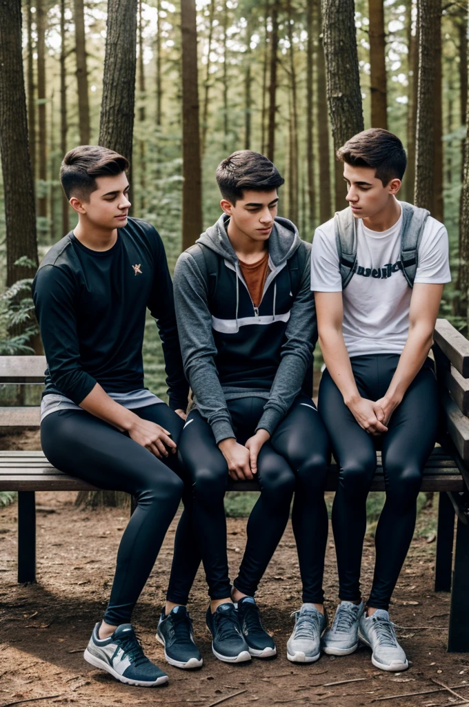 18 year old boys in leggings sit on a bench in the forest and touch their crotches