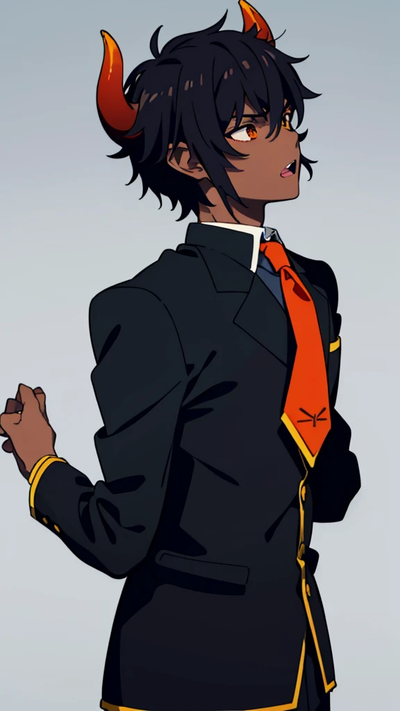 (1boy,18 years old,solo),((dark skin)),short hair,hair between eyes,black hair,elf ears,(horns),orange eyes,(no background, simple background),red necktie,black jacket, blazer,long sleeves,pant,((from back)),serious,(upper body),open mouth