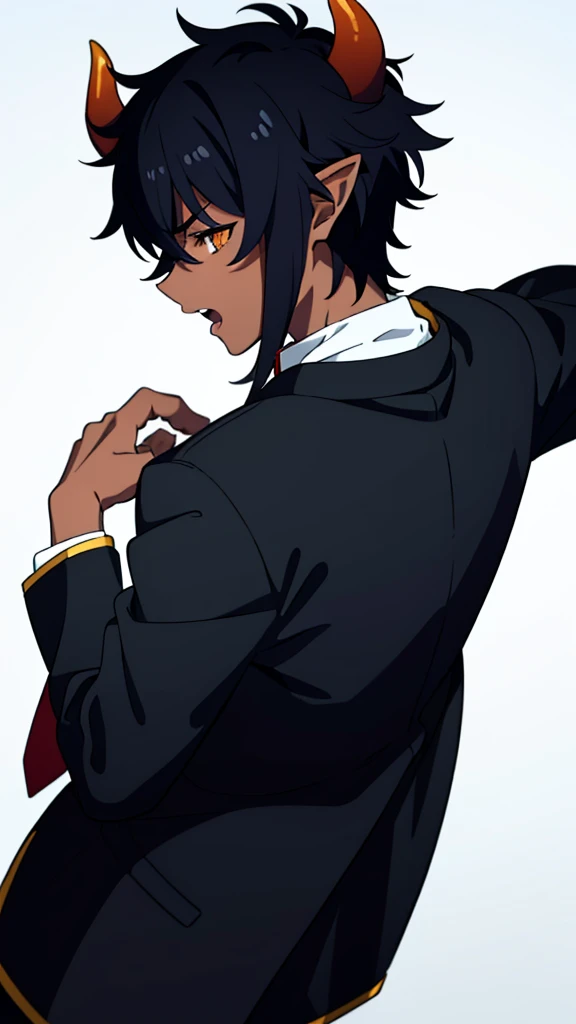 (1boy,18 years old,solo),((dark skin)),short hair,hair between eyes,black hair,elf ears,(horns),orange eyes,(no background, simple background),red necktie,black jacket, blazer,long sleeves,pant,((from back)),serious,(upper body),open mouth