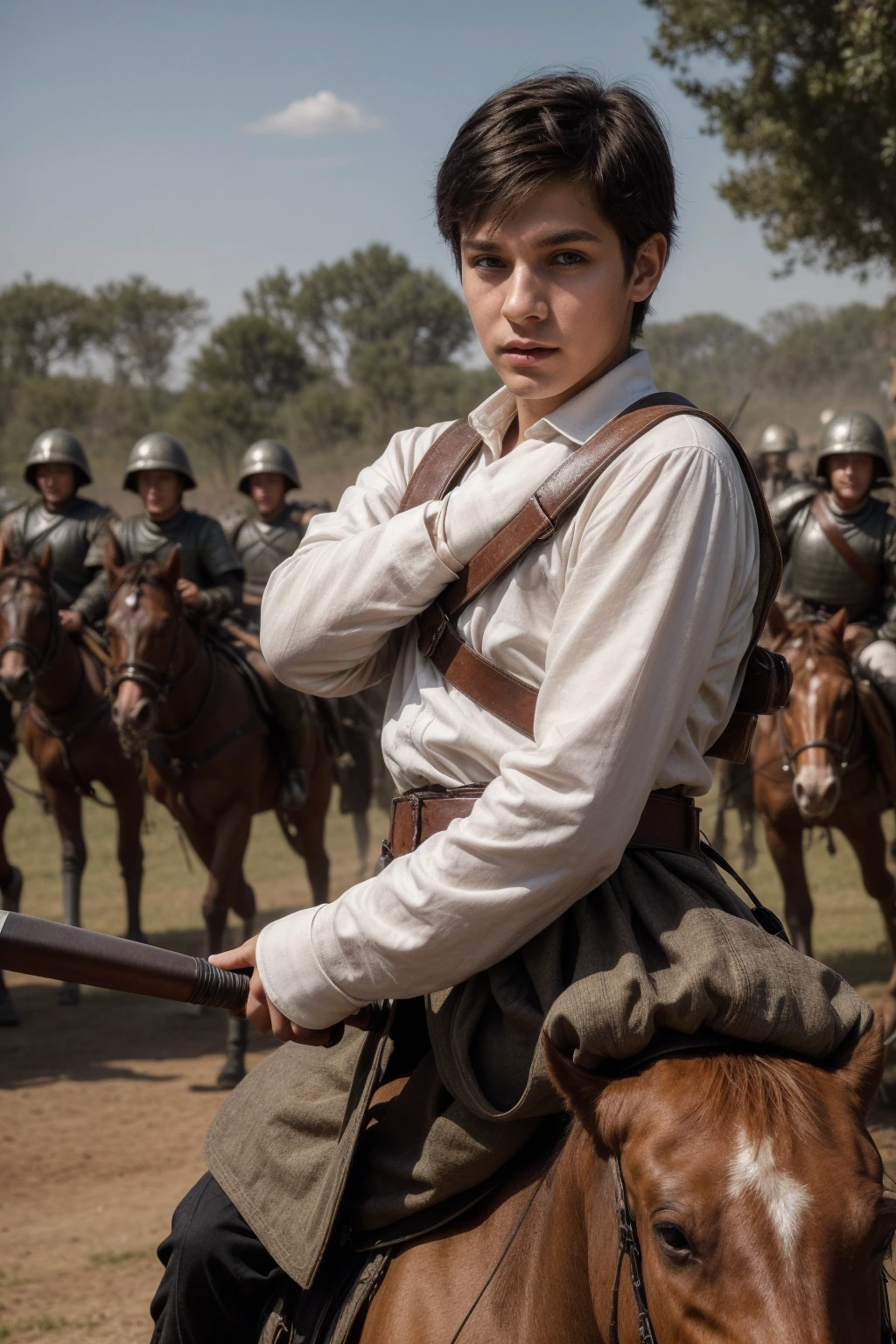 A cute twink male with a make-up face and black hair. He is wearing a long-sleeved white shirt and brown pants. He is riding a horse. He is on the battlefield fighting against the army. He has a sword and shield in his hand, and behind him is a large assembled army.