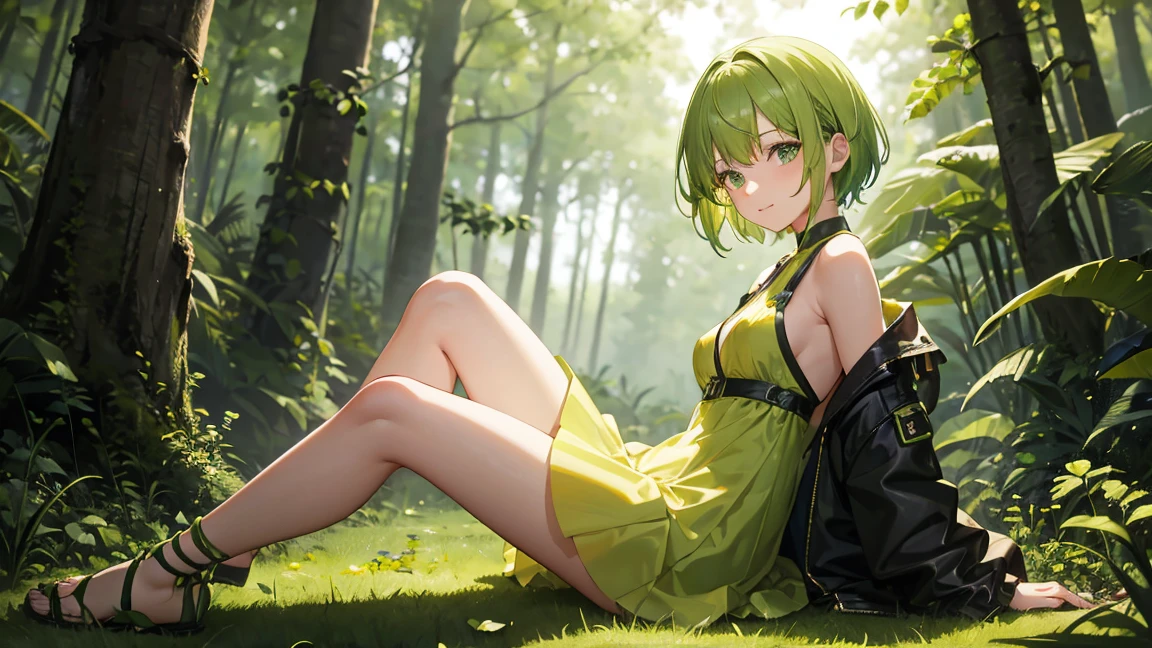 Green slime girl, body, Small breasts, Yellow skirted dress, Sitting on the ground, in the forest, green hair, light smile, short hair, side swept bangs, anime style, UHD, masterpiece, accurate, anatomically correct, super detail, best quality, highres, 4K