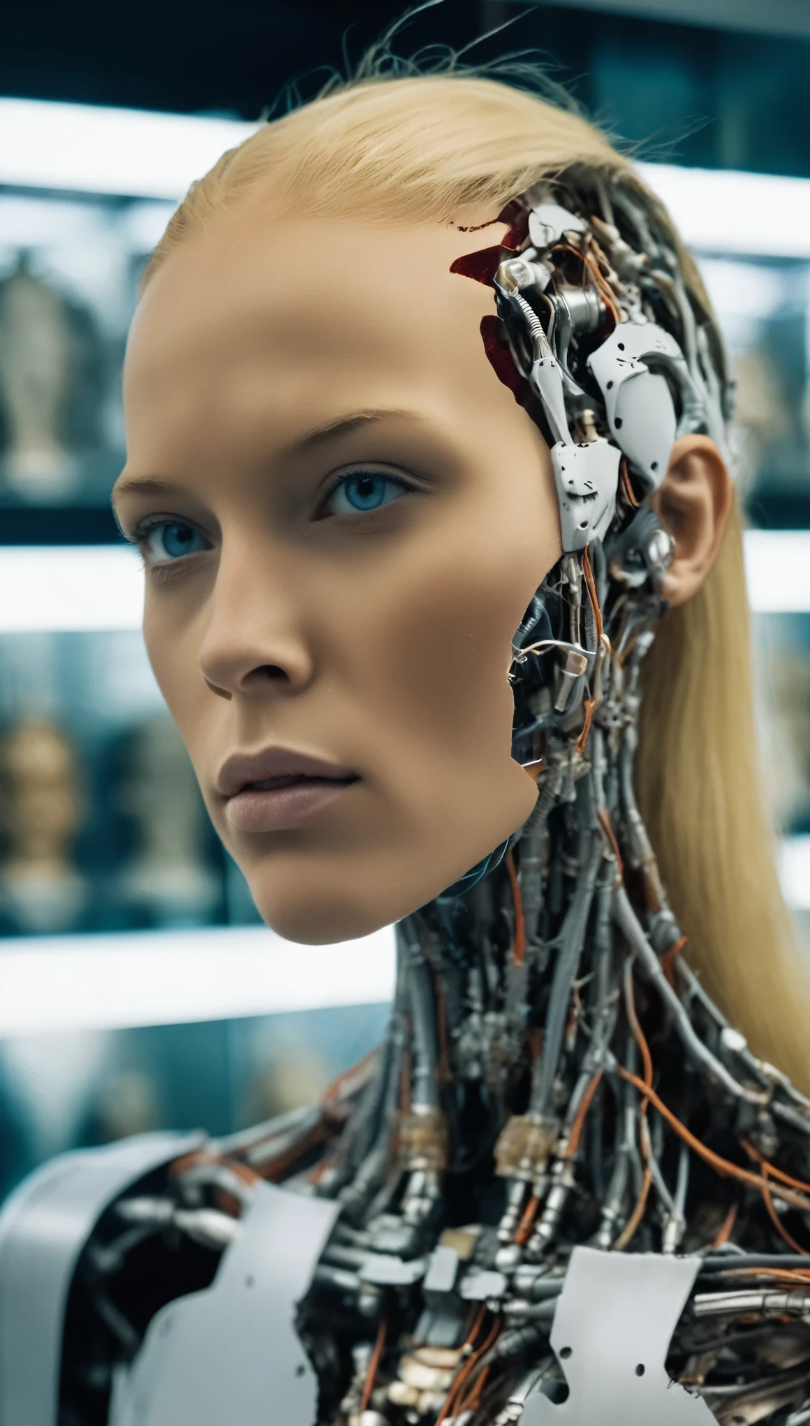 candid photo of a swedish tanned (damaged female bio-mechanical-cyborg with her face torn open standing in a display case in a futuristic store:1.2), long blonde hair, realistic skin, (skin ripped off face robot parts embedded in her skin, bionic eye under torn skin:1.2), (cracked skin, skin ripped open), (upperbody visible:1.5) Eerie, unsettling, epic, dark, grey background, promotional photoshoot, upcoming movie trailer, sharp focus, hd, photo by ingrid baars