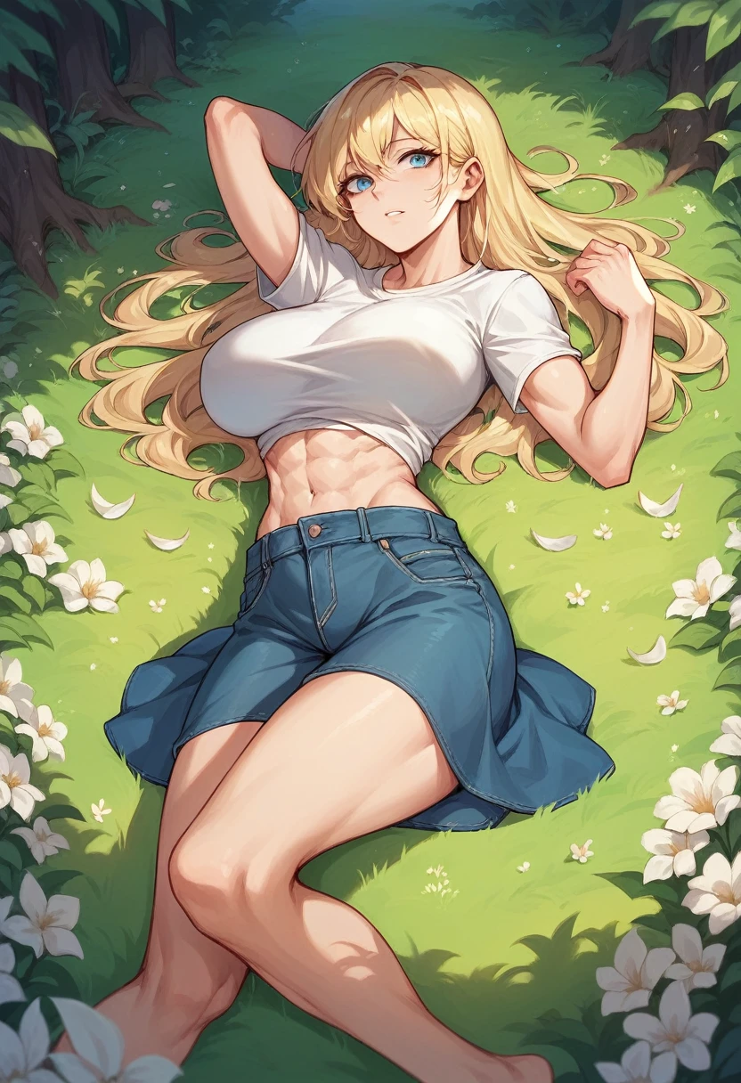 (Highest quality:1.2, Very detailed, up to date, Vibrant, 超High resolution, High Contrast, masterpiece:1.2, Highest quality, Best aesthetics), (((1 girl))), Carefully drawn lawn, Park Background, (Cropped tops:1.2, The underboob is visible), Professionalism, Bright colors, Soft lighting, Expressive eyes, Detailed lips, Long eyelashes, Pleasant atmosphere, incite inferiority, Obscene eyes, Lewd smile, Open your mouth, blush, ((Color T-shirt, Pleated skirt, Striped Knee High, lying on the grass:1.2)), Positive Energy, Calm background, A nurturing presence, High resolution, Correct Perspective 1.1, (Soft focus throughout).